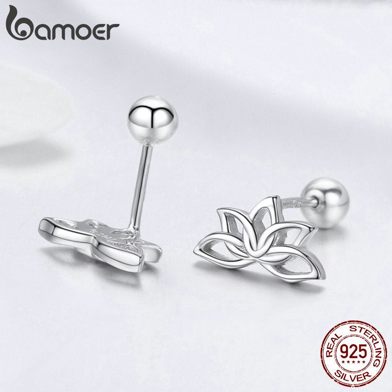 BAMOER 925 Sterling Silver Lotus Stud Earrings for Women Elegant Flower Earrings Silver Jewelry BSE024