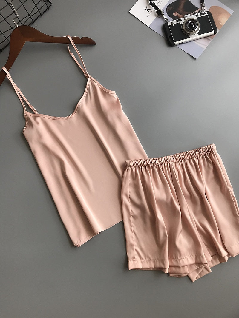 Ice Silk Twinset Korean Solid Color Women Pajamas Camisole Pajama Set Woman Summer Vest Shorts Suit