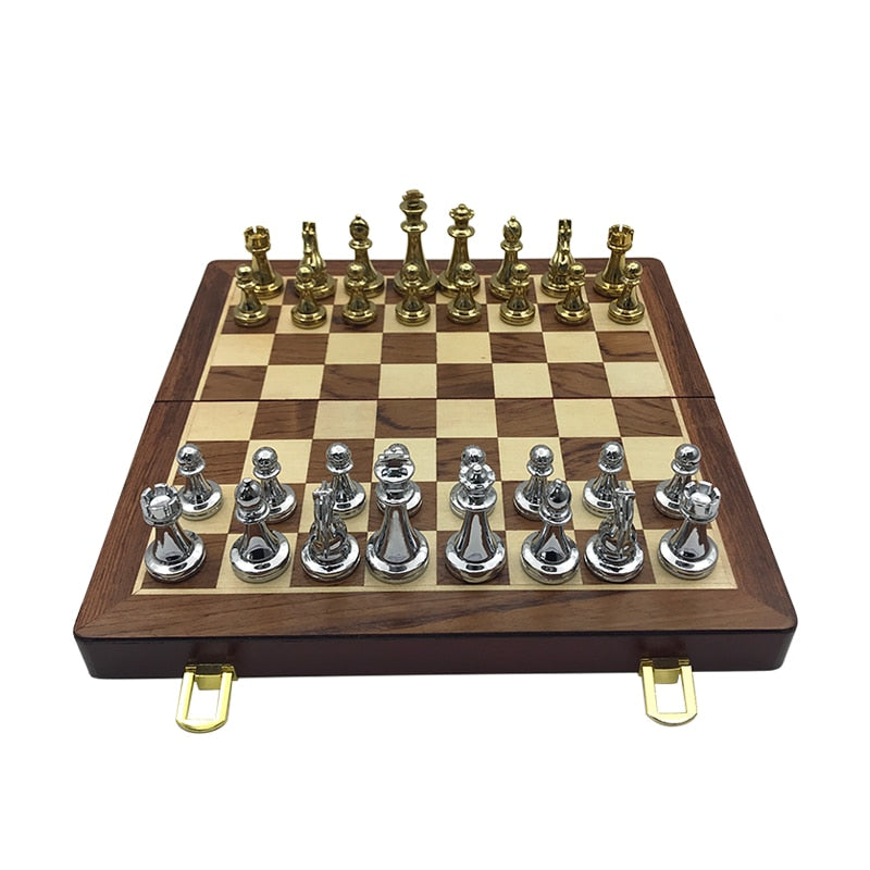 Easytoday Metal Glossy Golden And Silver Chess Pieces Solid Wooden Folding Chess Board High Grade Professional Chess Games Set