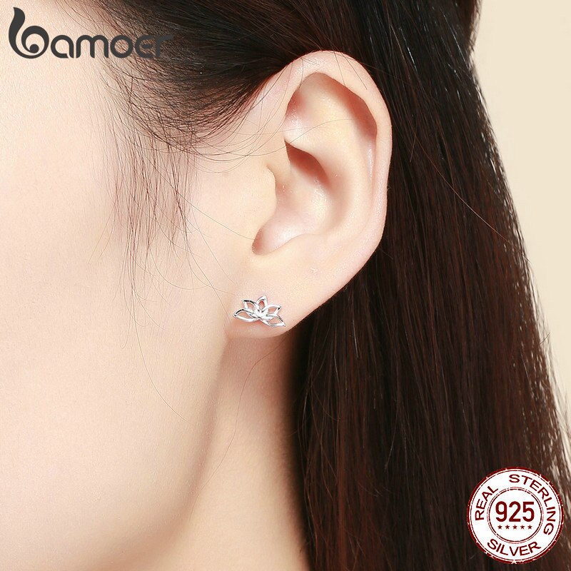 BAMOER 925 Sterling Silver Lotus Stud Earrings for Women Elegant Flower Earrings Silver Jewelry BSE024