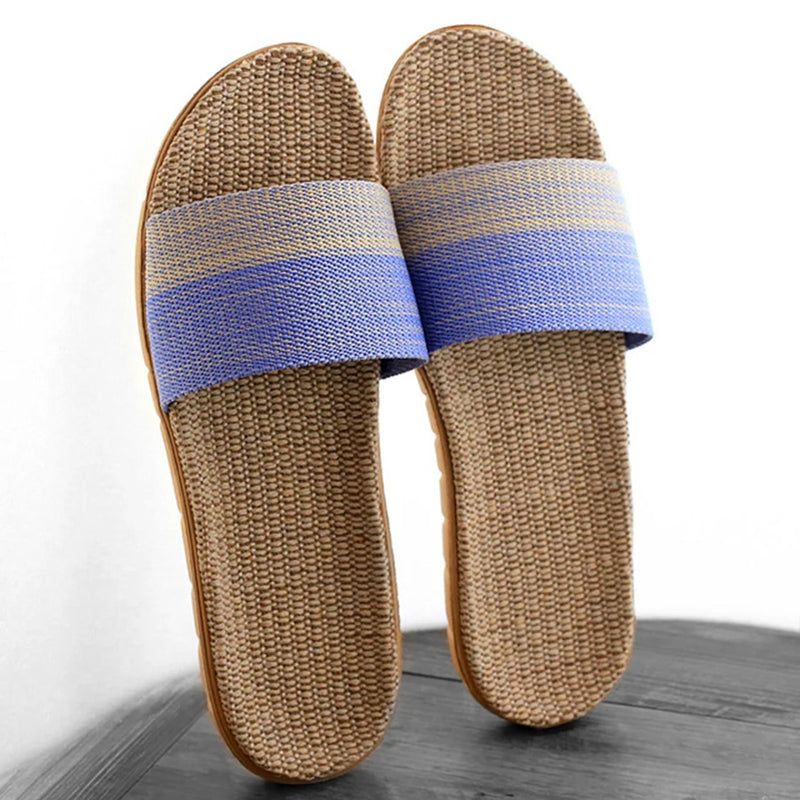 New Unisex Linen Slippers Men Women Non-slip 35-45 Size 7 Colors Gradient Stripe Beach Flat Shoes Male Slides Home Slipper