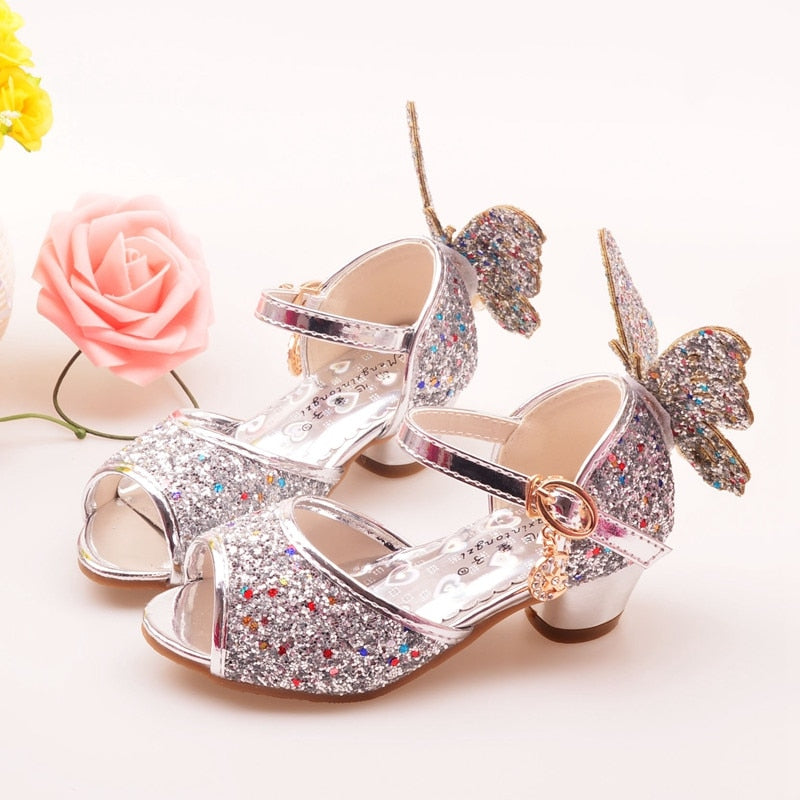 ULKNN Girls Sandals Rhinestone Butterfly pink Latin dance shoes 5-13 years old 6 children 7 summer high Heel Princess shoes kids