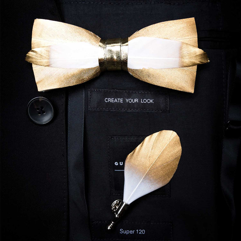 JEMYGINS Original Design Natural Brid Feather Exquisite Hand Made Bow Tie Brooch Pin Gift Box Set For Men Wedding Party Bowtie