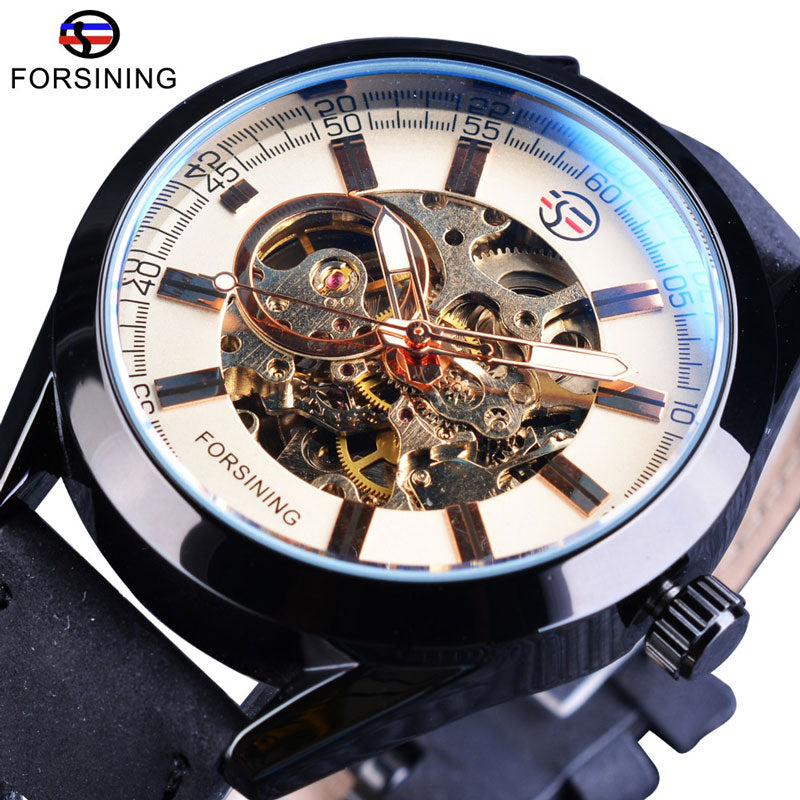 Forsining Blue Light Glass Mens Casual Sport Watch Leather Military Automatic Men Mechanical Wrist Watch Skeleton Luminous Clock