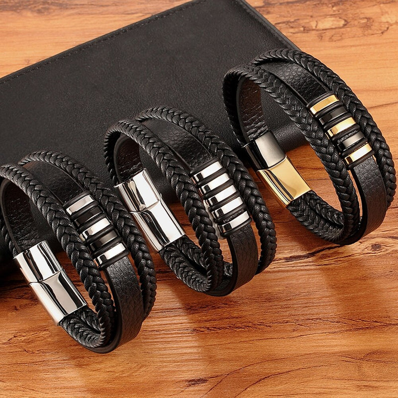 TYO High Quality Stainless Steel Charm Stackable Layered Bracelet Leather Genuine Braided Black Bracelet for Men&