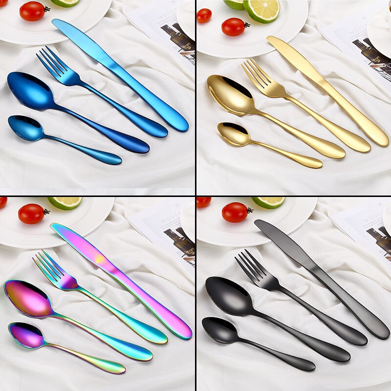 2018 Multi-Colors Rainbow Cutlery Set Dinnerware Set Black Cutlery Kit Fork Knife Stainless Steel Silverware Home Tableware Set