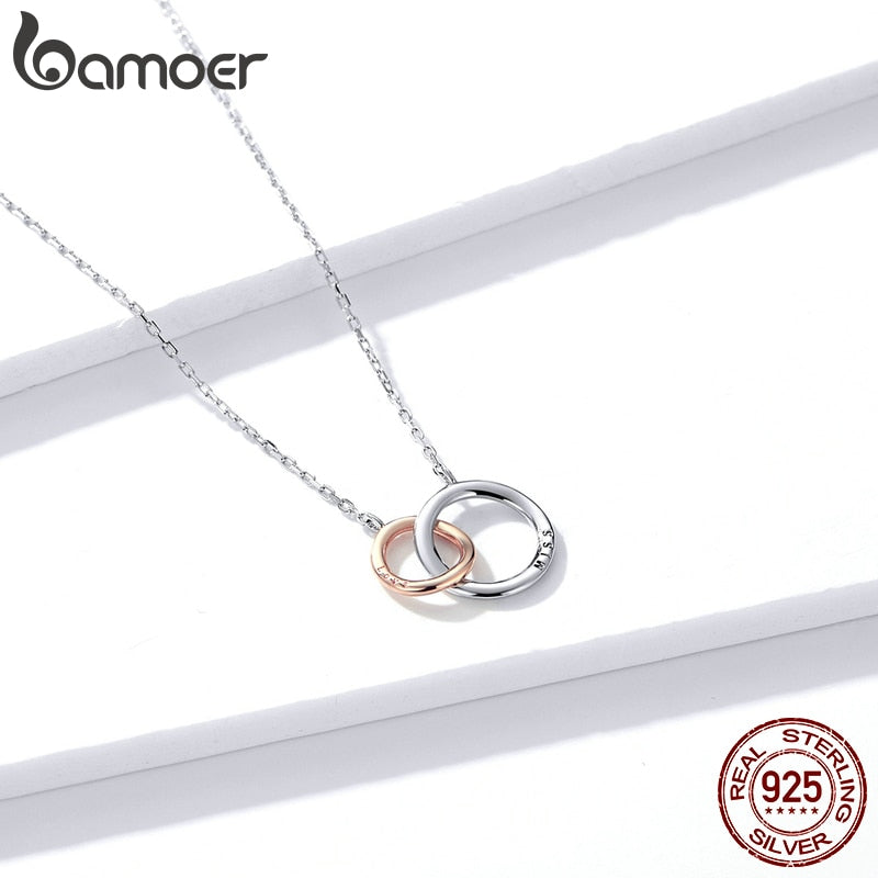 bamoer Double Circle Chain Necklace for Women Rose Gold Color 925 Sterling Silver Miss &amp; Love Wedding Fine Jewelry BSN159