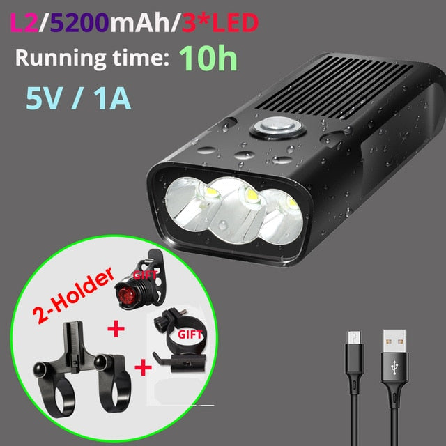 5200mAh MTB Bike Front Light Bicycle Light 2 Holder Mount T6/L2 LED Flashlight Power Bank Bike with Taillight Gift Waterproof