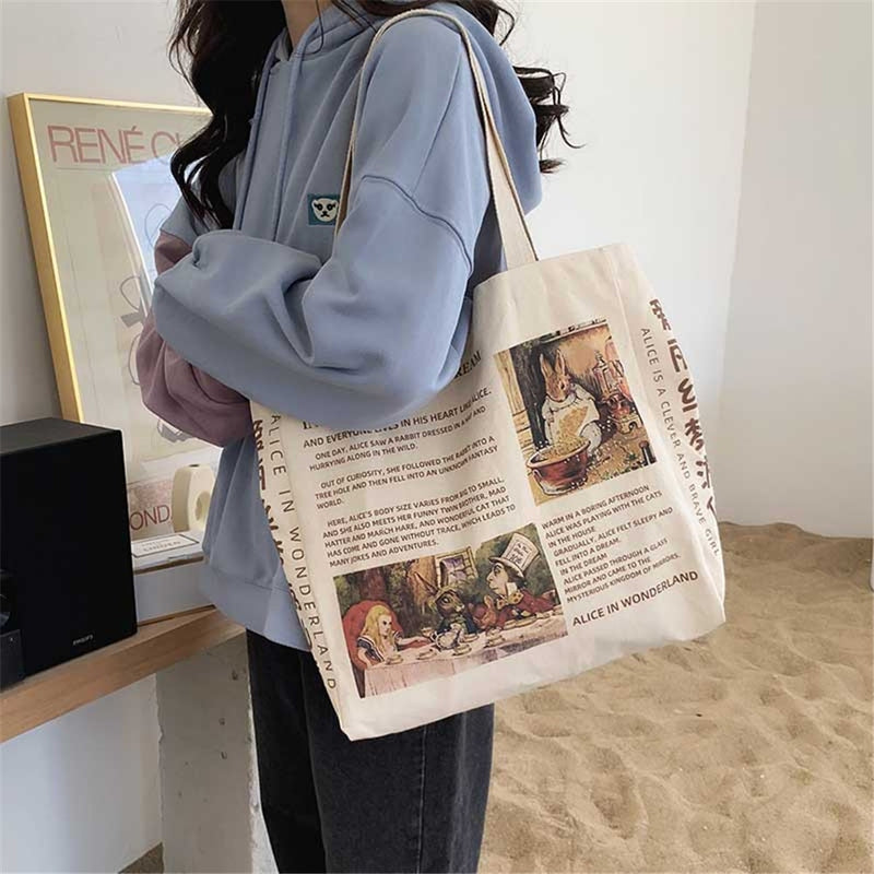 Women Canvas Shoulder Bag Alice In Wonderland Shopping Bags Students Book Bag Cotton Cloth Handbags Tote Bags for Girls Bolsos