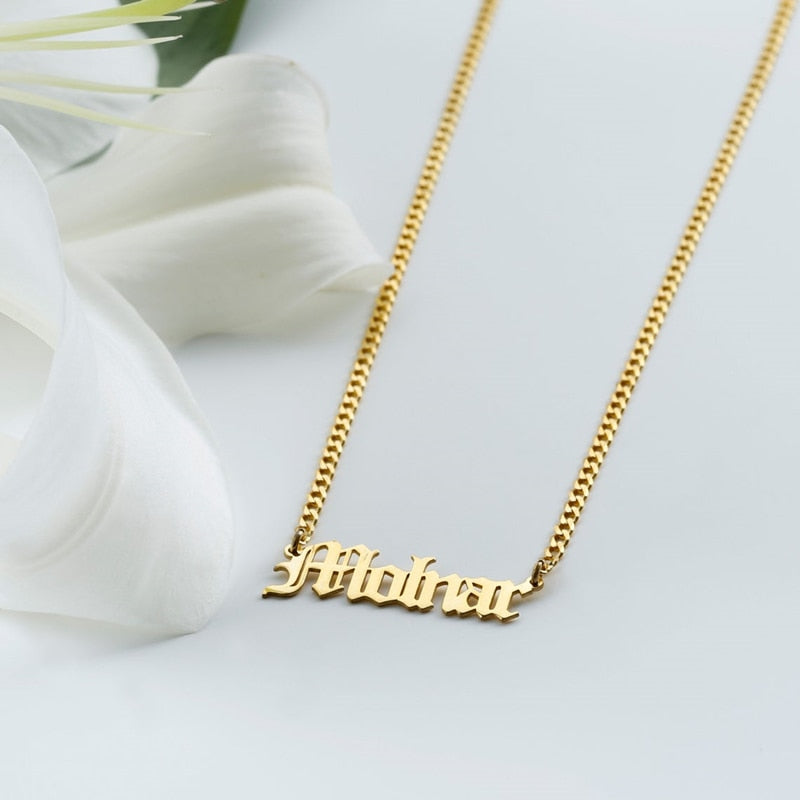 Free Box Cuban Chain Custom Old English Name Necklace Stainless Steel Vintage Letters Pendant Necklace Anniversary Gifts