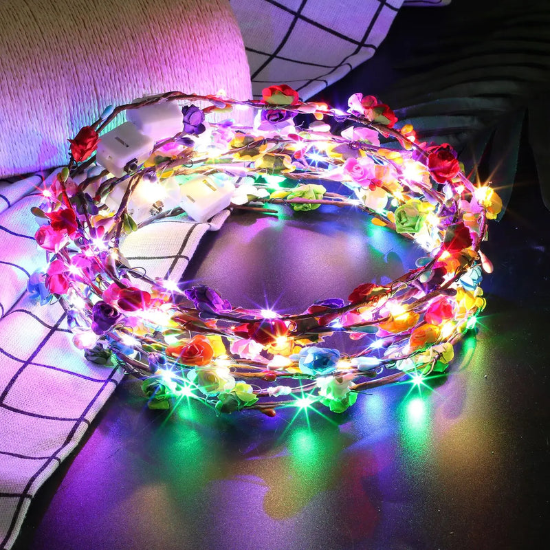 12PCS Flower Wreath Luminous 10-LED Headpiece Garland Crown Flower Headband Glowing Wreath For Wedding Party Christmas Garlands