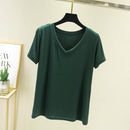 chic casual  Cotton T Shirt Ribbed Short Sleeve Women Summer Basic v-neck T shirt Loose Candy Color T-shirt Tee Female