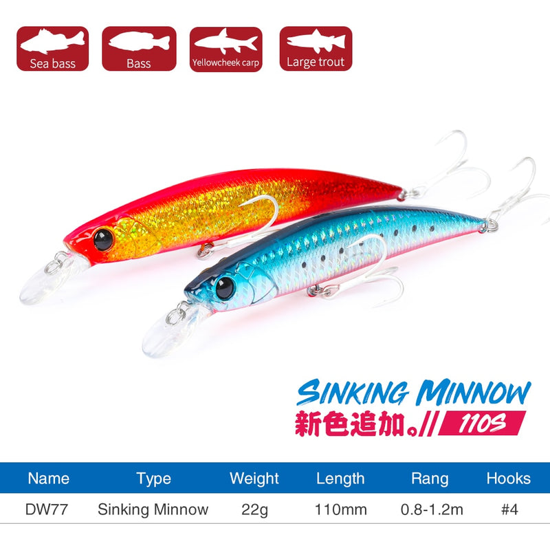 TSURINOYA 110S Long Casting Sinking Minnow Saltwater Fishing Lure DW77 110mm 22g Large Trout Pike River Lake Hard Baits Jerkbait