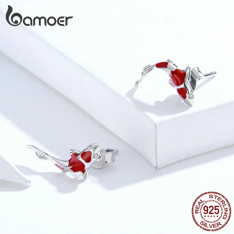 BAMOER Fish Red Enamel Stud Earrings for Women 925 Sterling Silver Spring Koi Ear Studs Festival Silver Fashion Jewelry SCE812