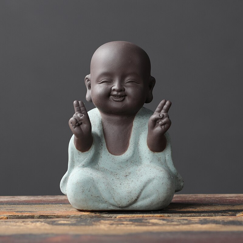 VILEAD 9cm Buddha Statues Small Monk Buddhism Figurines Tea Pet Statuette Feng Shui Ceramic Home Club Geomantic Decoration