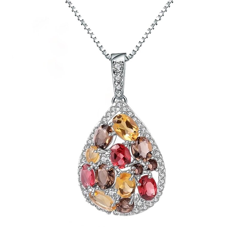 GEM'S BALLET Luxury Natural Garnet Citrine Smoky Quartz Pendant 925 Sterling Silver Colorful Nacklace for Women Fine Jewelry