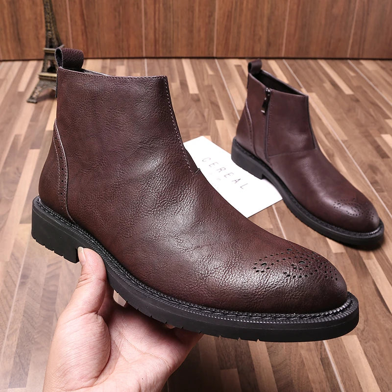 Yomior Autumn Winter New Vintage Cow Leather Fashion Men Shoes Pointed Toe Dress Ankle Boots Breathable Brogue Boots Handmade