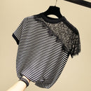 shintimes Lace Tshirt Women Hollow Out Black Striped Short Sleeve T Shirt Woman Clothes Knitted 2020 Summer Tops Tee Shirt Femme