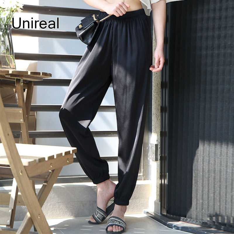 Unireal 2022 Summer Satin Harem Pants Women High Waist Casual Pants New Fashion Thin Loose Female Sweatpants