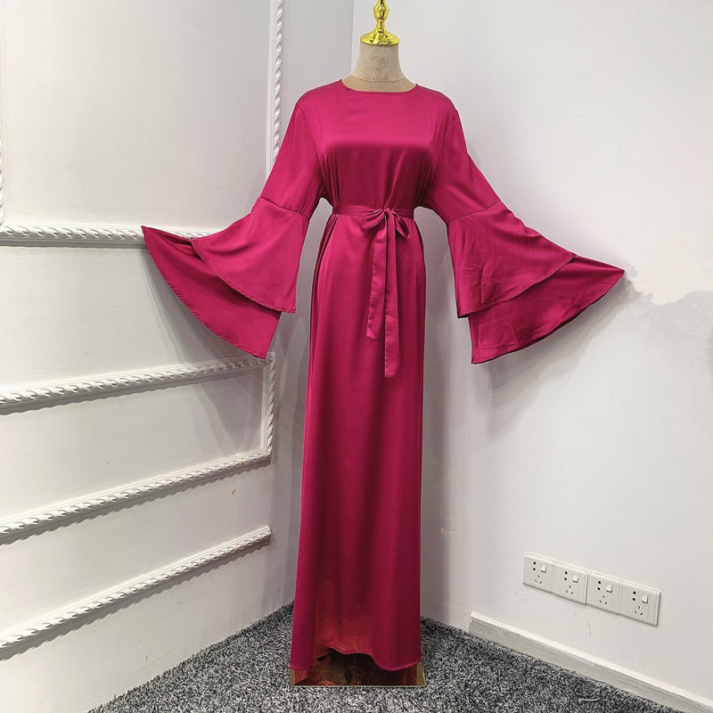 Soft Satin Long Dress Dubai Abaya Women Summer Long Flare Sleeve Belted Hijab Robe Muslim Islam Arab Turkey Clothes Ramadan