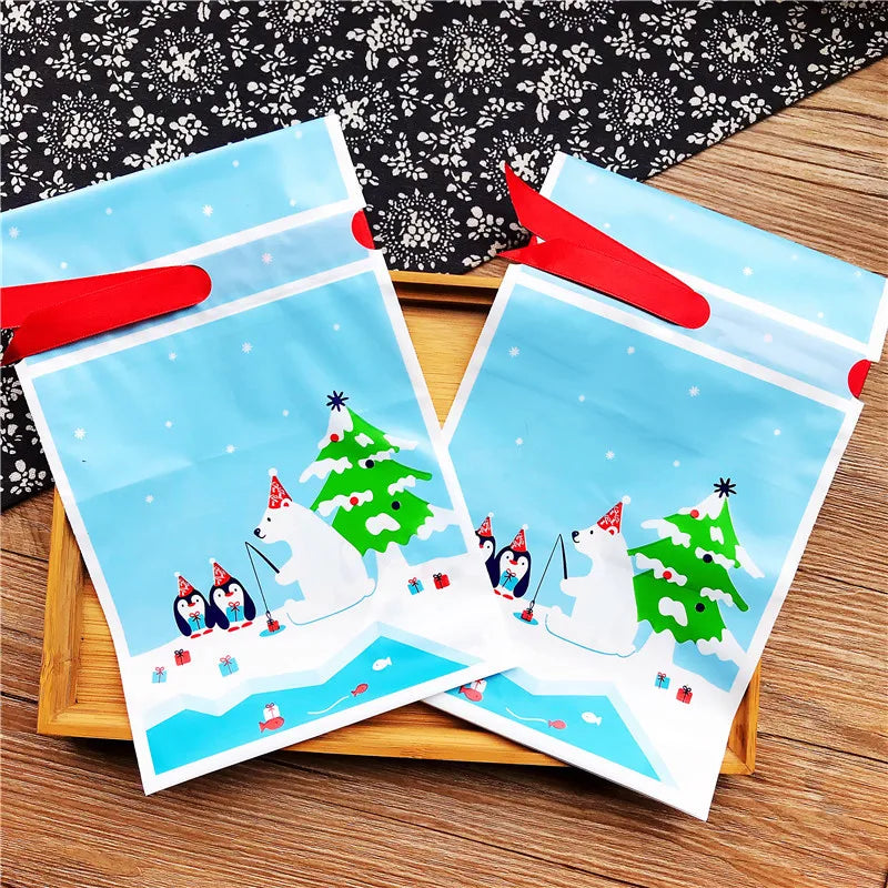 25pcs Christmas Gift Bag Drawstring Packaging Candy Cookie Nougat Packing Bags For Home New Year Xmas Santa Presents Decorations