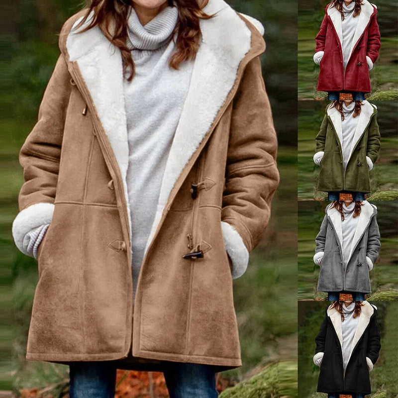 2021 Women Winter Solid Coats Plus Velvet Coat Long Sleeve Horn Buckle Pocket Overcoat Hooded Warm Coats Plus Size