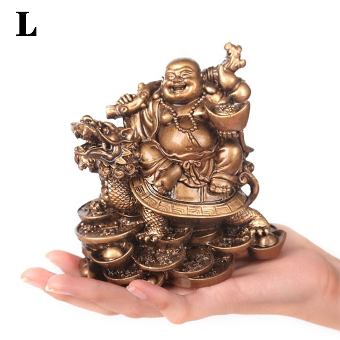 Resin God of Wealth Laughing Buddha Statue，Modern art sculpture，Chinese Home Feng Shui Dragon Turtle Decoration Figurines statue