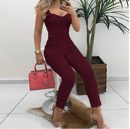 2020 Summer Elegant Office Overalls Skinny Slim Fit V-Neck Sleeveless Casual Romper Thin Strap Button Design Jumpsuits