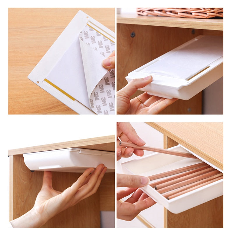 Self-Adhesive Under Desk Drawer Organizer Desktop Sundries Storage Box Hidden Table Pencil Tray Organizer