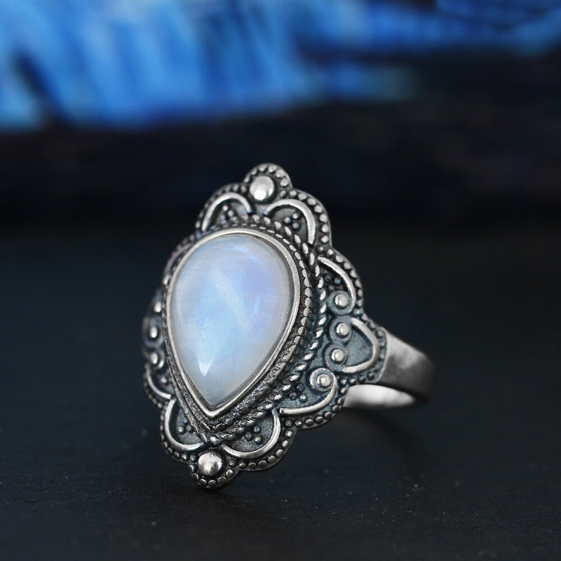 S925 Sterling Silver Rings Natural Moonstone Lapis Ring for Women Vintage Gemstone Rings Gift Fine Jewelry