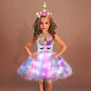 Rainbow Unicorn Dress Girls Led Light Flower Birthday Party Tutu Outfits Kids Halloween Christmas Unicorn Costume with Headband