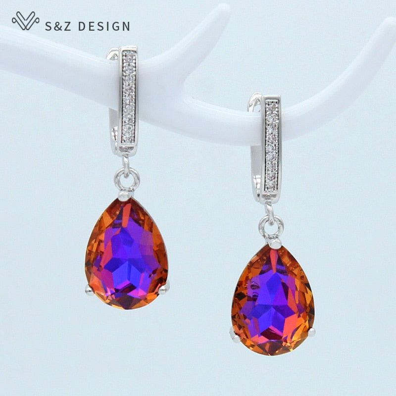 S&amp;Z DESIGN Korean Fashion Luxury Water Drop Crystal 585 Rose Gold Dangle Earrings For Women Wedding Engagement Elegant Jewelry