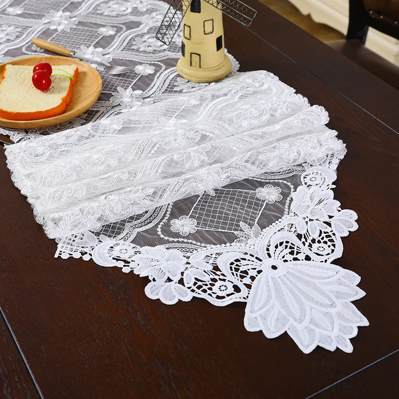 Luxury European Lace Embroidery White Table Runner TV Wall Cabinet Refrigerator Piano Cover Home Christmas Party Camino De Mesa