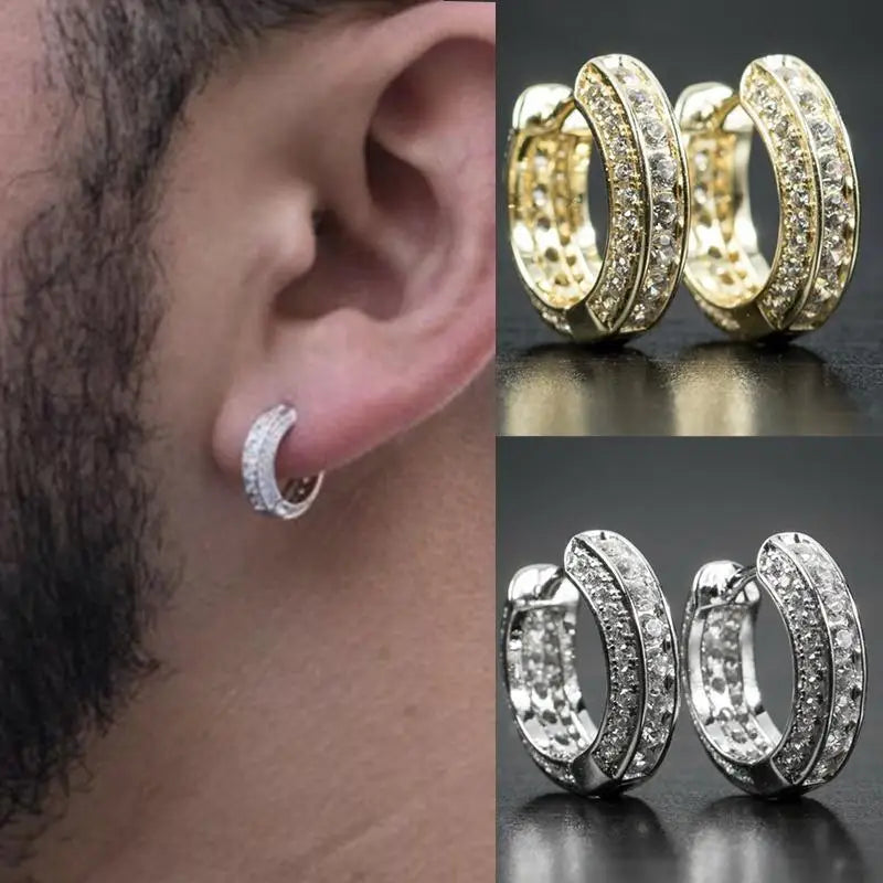 Rock Biker Men\'s Iced Out Hoop Earrings Cubic Zirconia Huggie Cartilage Cuff Hypoallergenic Round Earrings Wholesale