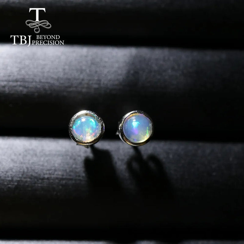 TBJ,Black Opal earring Round 4mm 5mm Natural Ethiopia Opal gemstone Jewelry 925 sterling silver for girls daughter nice gift