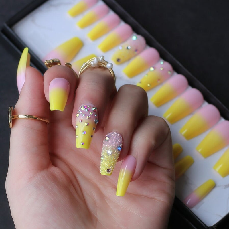 Lemon Yellow French ombre coffin shiny gel fake nails Rhinestone glossy Ballet nails false nail crystal art design caviar match