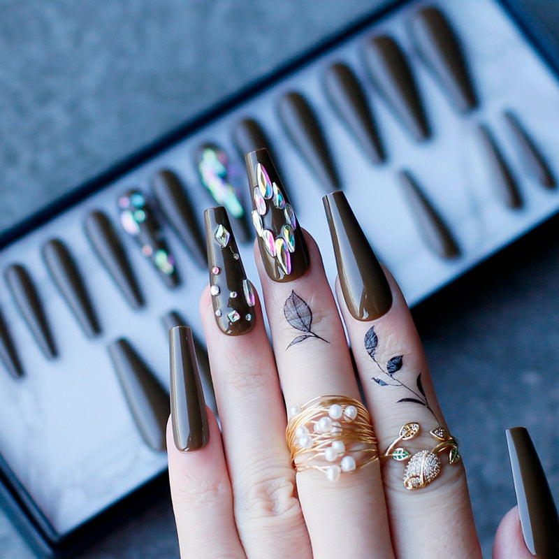 Glossy Coffee Luxury Coffin false nails gel Fake nails Rhinestone Box gift Press on nails Ballet reuse Gold leaf handmade