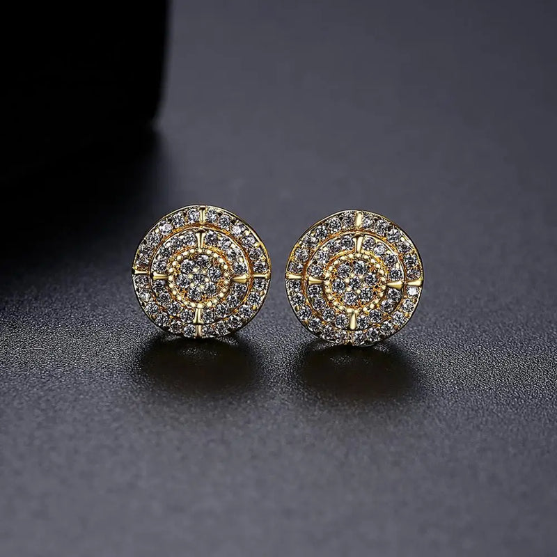 JINSE Vintage Gold Color Hip Hop Stud Earrings for Men Iced CZ Punk Cubic Zirconia Round Piercing Unusual Fashion Jewelry