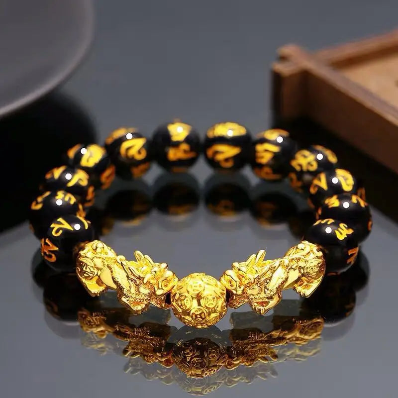 Feng Shui Obsidian Stone Beads Bracelet Wristband Gold Color Black Pixiu Wealth Good Luck Women Bracelet  Men Women Unisex