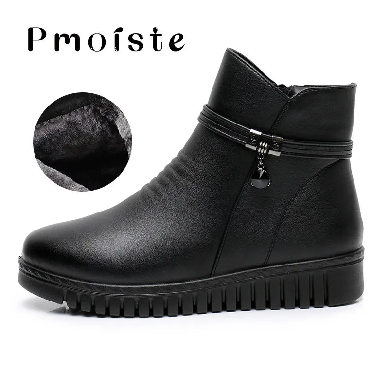 Women Ankle boots 2023 Warm Plush Wedge Boots for Women Casual Shoes Non-slip Waterproof Leather Boots Women Zipper Female Boots