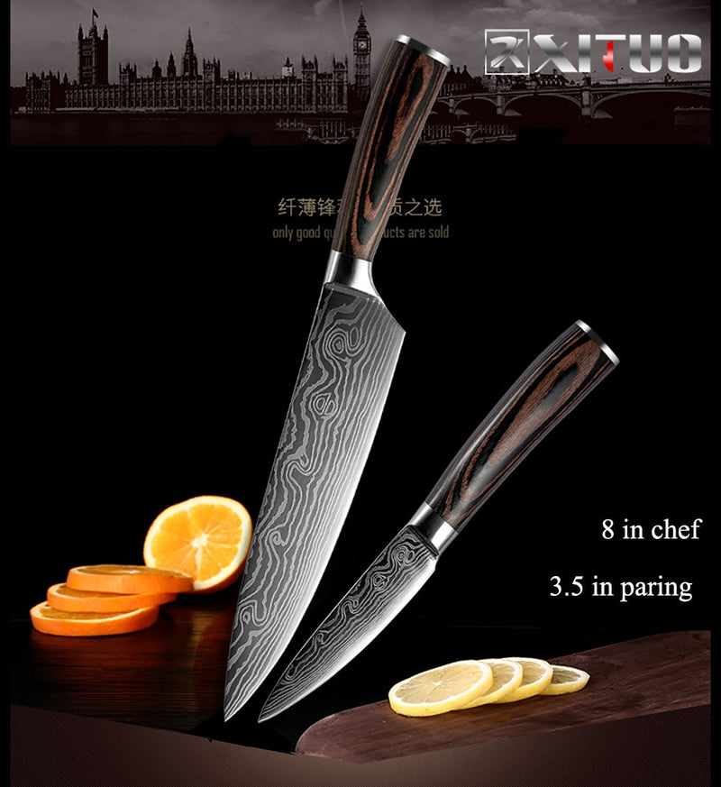 XITUO  2-5PCS Set Kitchen Knife Damascus Laser Stainless Steel Blades Chef Knife Santoku knife Utility Paring knives Tools