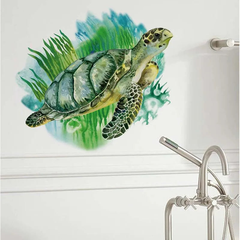 Seaweed Sea Turtle Wall Sticker Bathroom Living Room Background Decorations Wallpaper Creative Animals Self Adhesive Stickers