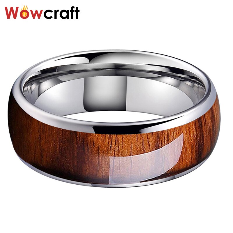 8mm Koa Nature Wood Inlay Tungsten Carbide Ring for Men Wedding Band Polished Shiny Comfort Fit