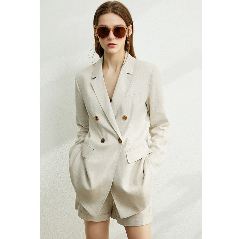 AMII Minimalism Autumn Women Solid Lapel Double Breasted Suit Coat High Waist Solid Pant Solid Short 12040051