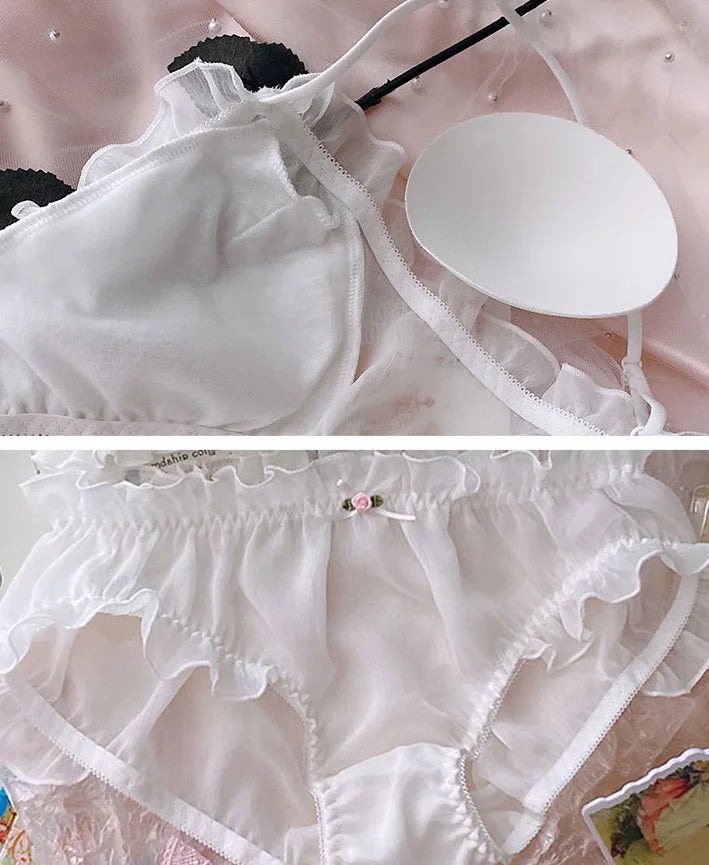 Wriufred Handmade Pearl Moon Pure White Lingerie Panty Girl Underwear No Steel Ring Lace Sexy Bra Briefs Set