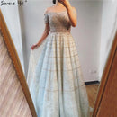 Silver Off Shoulder Short Sleeve  Evening Dresses 2023 Dubai A-Line Beading Diamond Evening Gowns Serene Hill LA70263