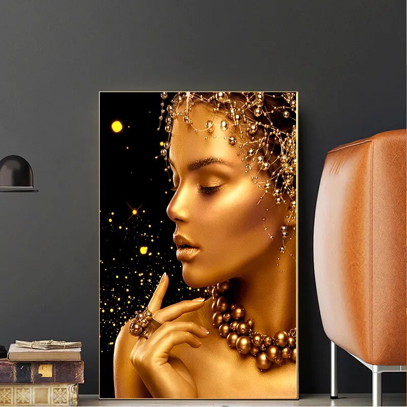 Black and Gold Woman Sexy Nude African Art Oil Painting on Canvas Cuadros Posters and Prints Wall Art Picture for Living Room
