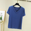 chic casual  Cotton T Shirt Ribbed Short Sleeve Women Summer Basic v-neck T shirt Loose Candy Color T-shirt Tee Female