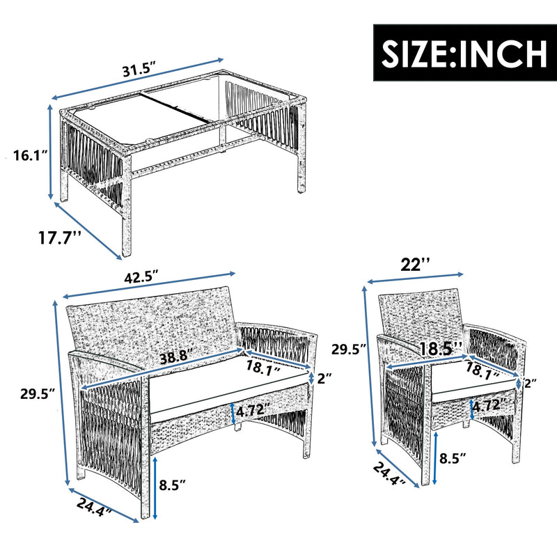 4Pcs Outdoor Patio Furniture Set 3 Rattan Chair Sofa &amp;1 Coffee Table for Garden Backyard Porch&amp;Poolside Gray[US-Stock]