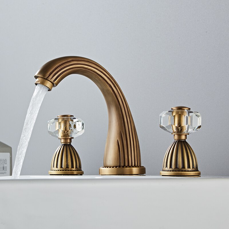 Gold Faucets Bathroom Golden Widespread Faucet Double Cystal Handle Three Hole Wash Basin Tap Hot Cold Mixer ELF1516G